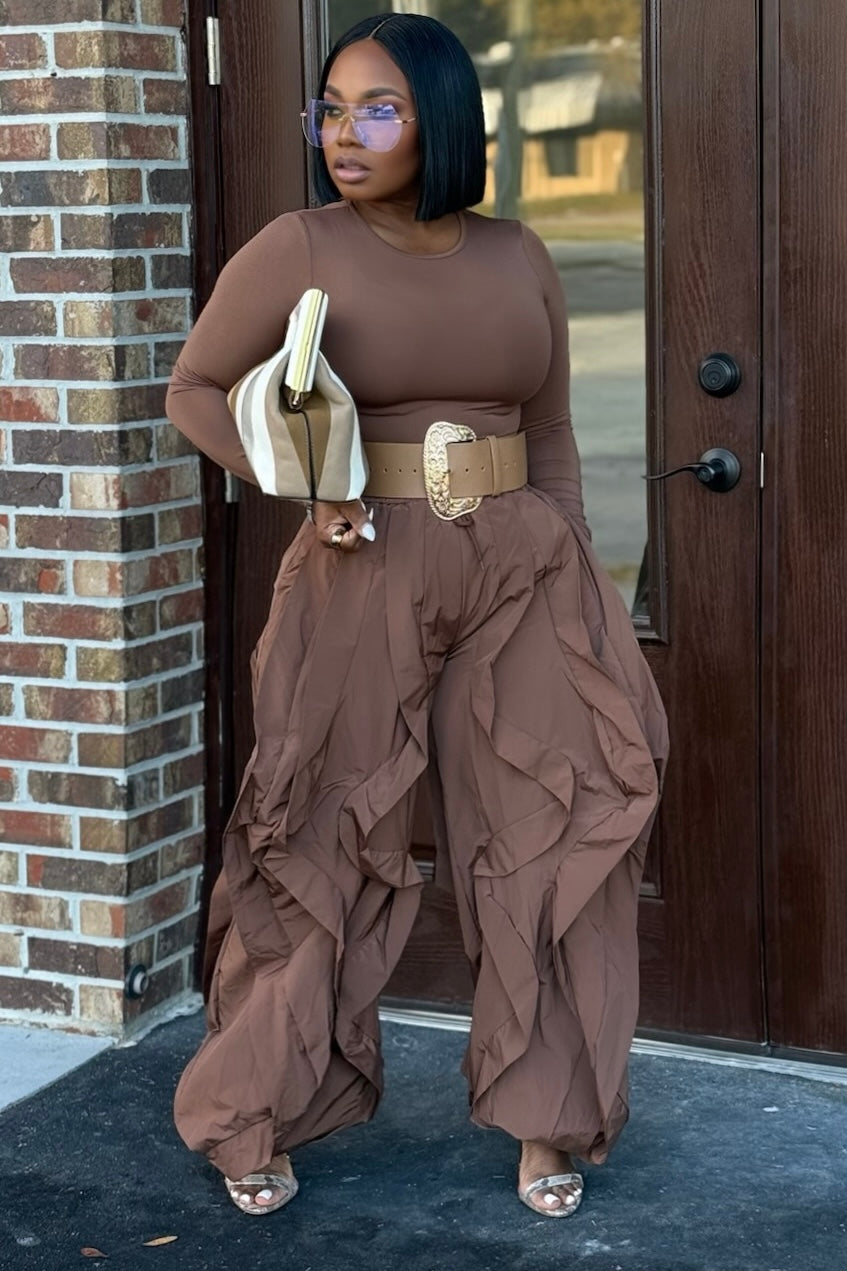 Alexandria Draped Parachute Pants And Bodysuit Set-Mocha – Shop