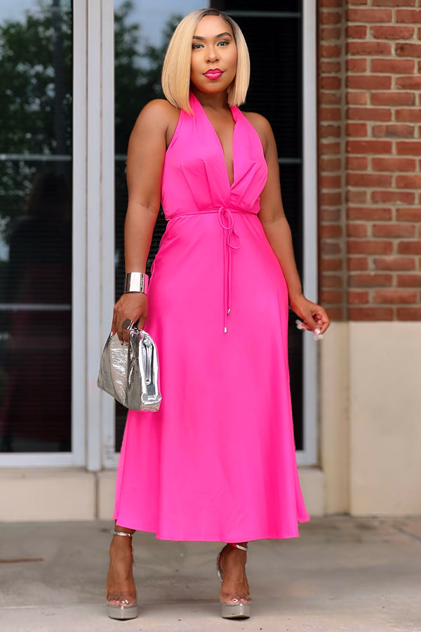 Marilyn Sultry Halter Maxi Dress-Neon Pink