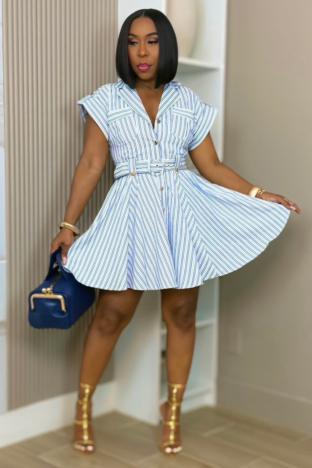 Kamilah Striped Belted Fit & Flare Dress - Blue Stripes – Shop