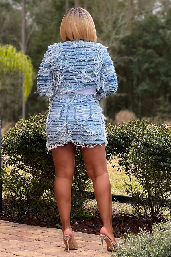 Yolanda Lux Distressed Mini Skirt Set-Blue Denim