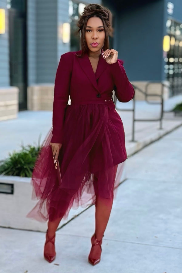 Brandy Bordeaux Drama Blazer Dress with Detachable Tulle Belt