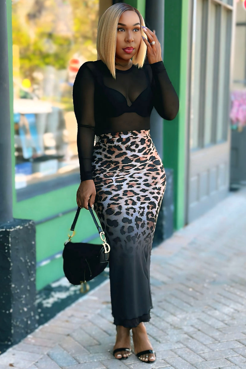 Leopard print mesh maxi skirt best sale