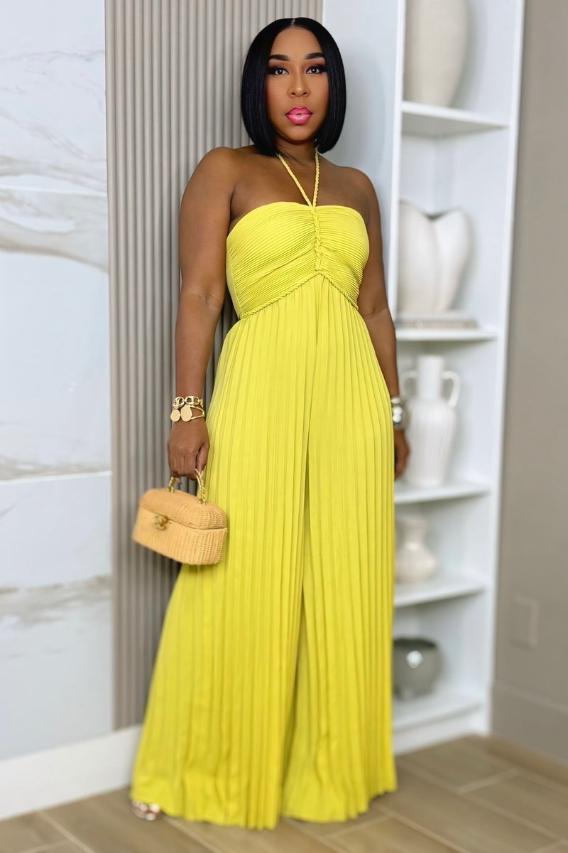 yellow pleated halter dress ASTR the Label | Janae Pleated Halter Midi Dress in Butter Yellow