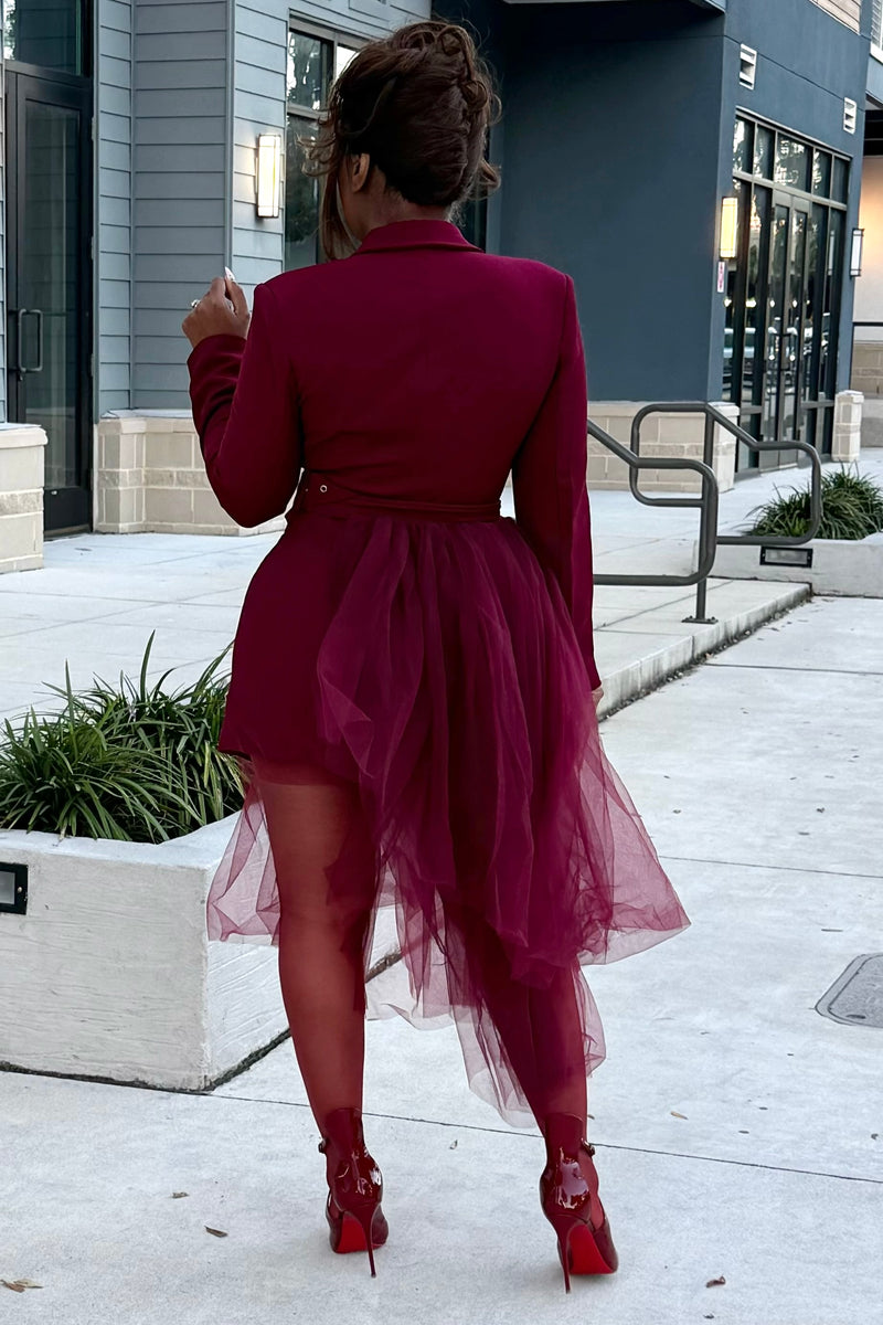 Brandy Bordeaux Drama Blazer Dress with Detachable Tulle Belt