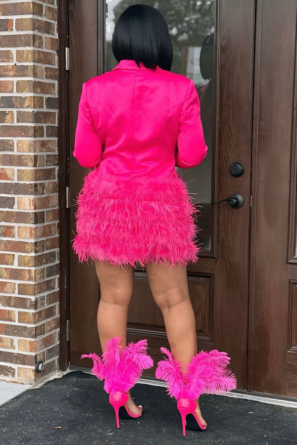 Aria Fuchsia Fantasy Ostrich Feather Blazer Dress – Luxe Pink Feather Trim Mini Blazer Dress for Women