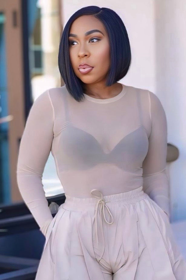 Sheilah Pretty Basic Long Sleeve Mesh Bodysuit -Nude