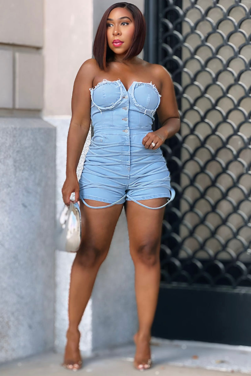 Gabrielle Corset Detail Statement Denim Romper