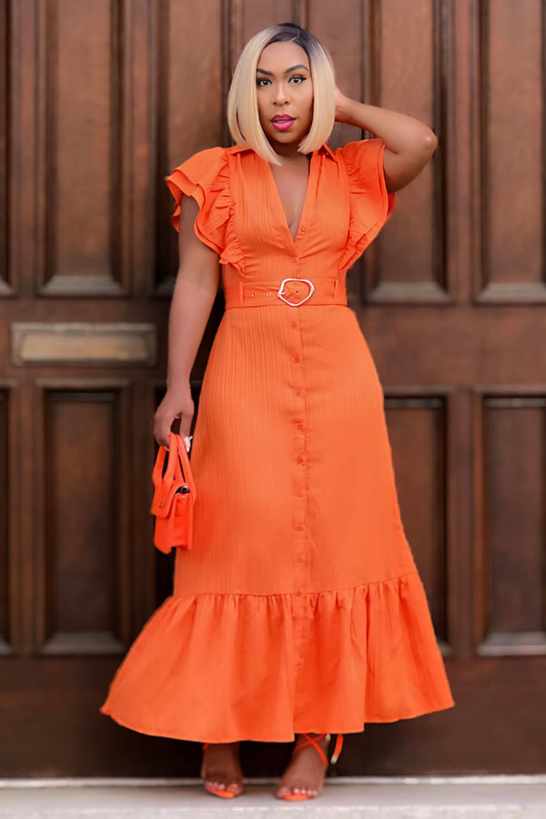 Cher Ruffled Sleeve Belted Maxi Dress- Orange