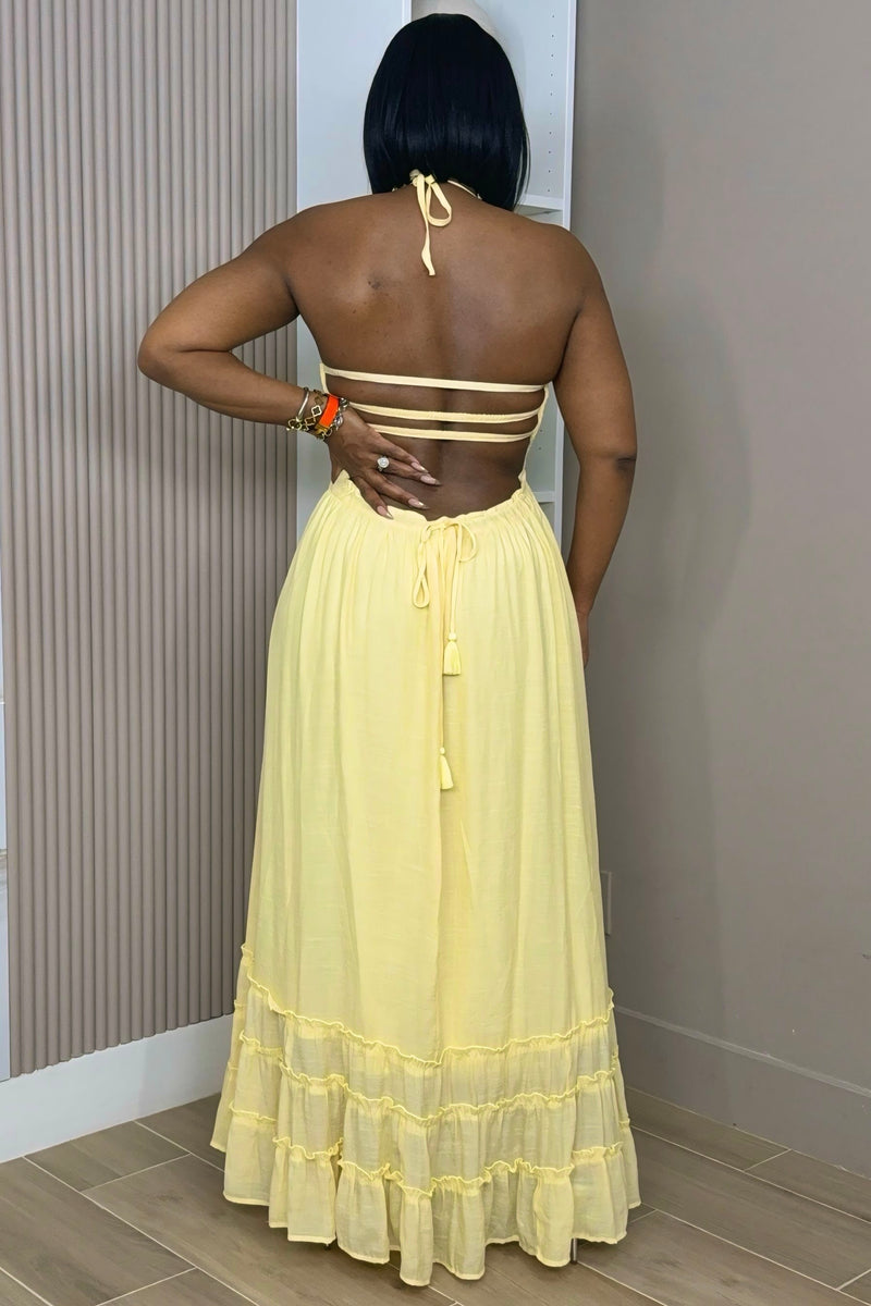 butter yellow halter maxi dress Women's Butter Yellow Satin Halter Flared Maxi Dress