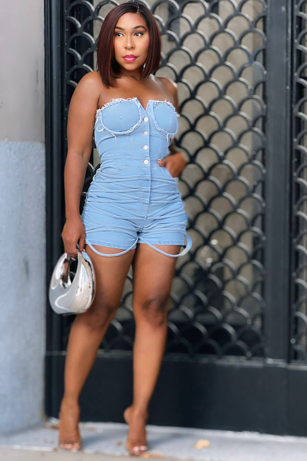 Gabrielle Corset Detail Statement Denim Romper