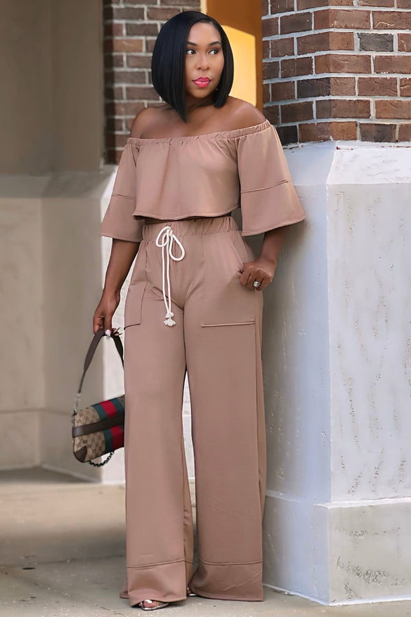 Londyn Off Shoulder Crop Top and Palazzo Pants Set-Khaki