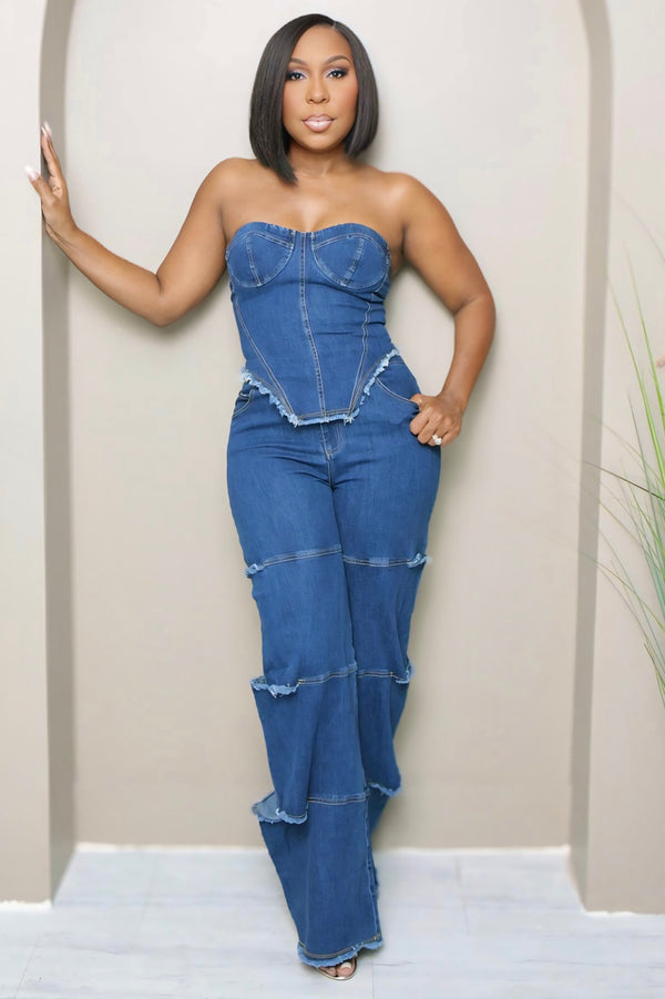 Xaviera Denim Corset Top & Wide-Leg Jean Set