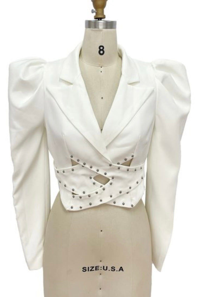 Coshanna Puffy Sleeve Crop Blazer -White