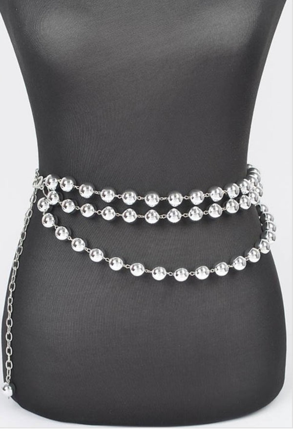 Bead Layered Chain Waist Belt-Silver