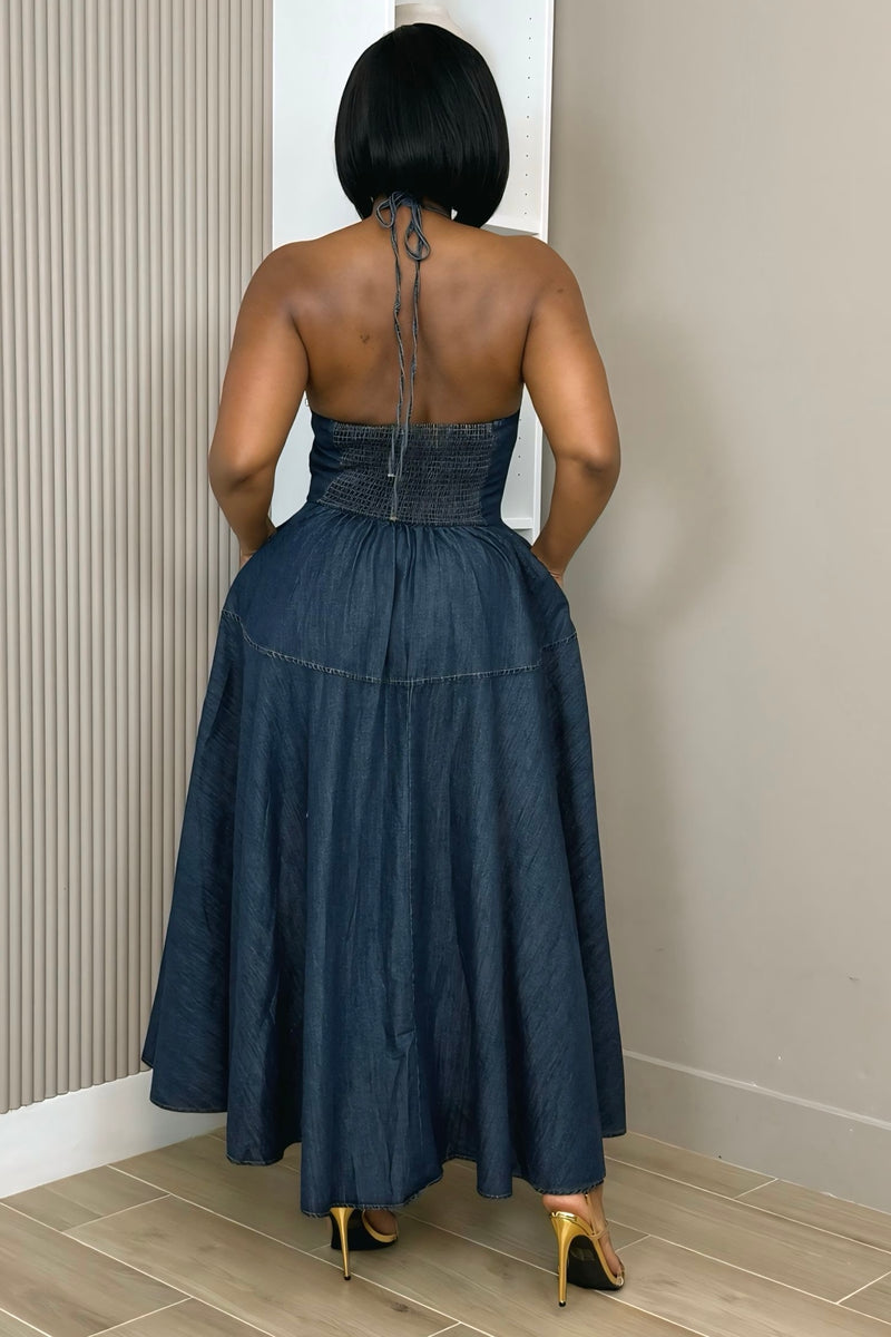 Marielle Denim Maxi Dress Preorder Ships 8/16 Small