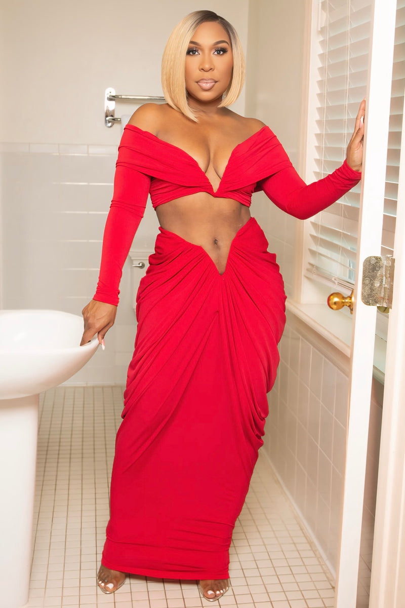 Sheila Lux Crop Top And Maxi Skirt Set-Bold Red