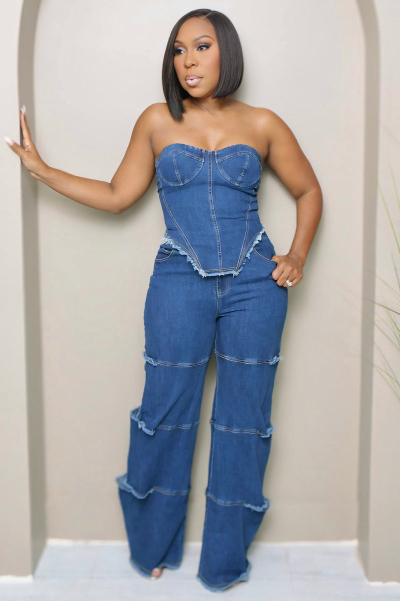 Xaviera Denim Corset Top & Wide-Leg Jean Set