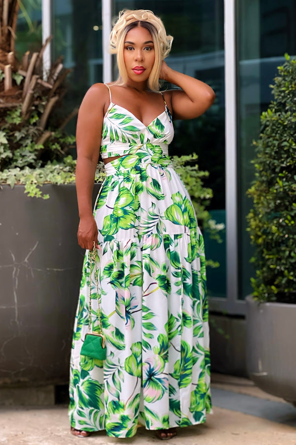 Nicolle Tropical Print High Split Maxi Dress