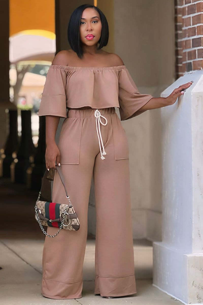 Londyn Off Shoulder Crop Top and Palazzo Pants Set-Khaki