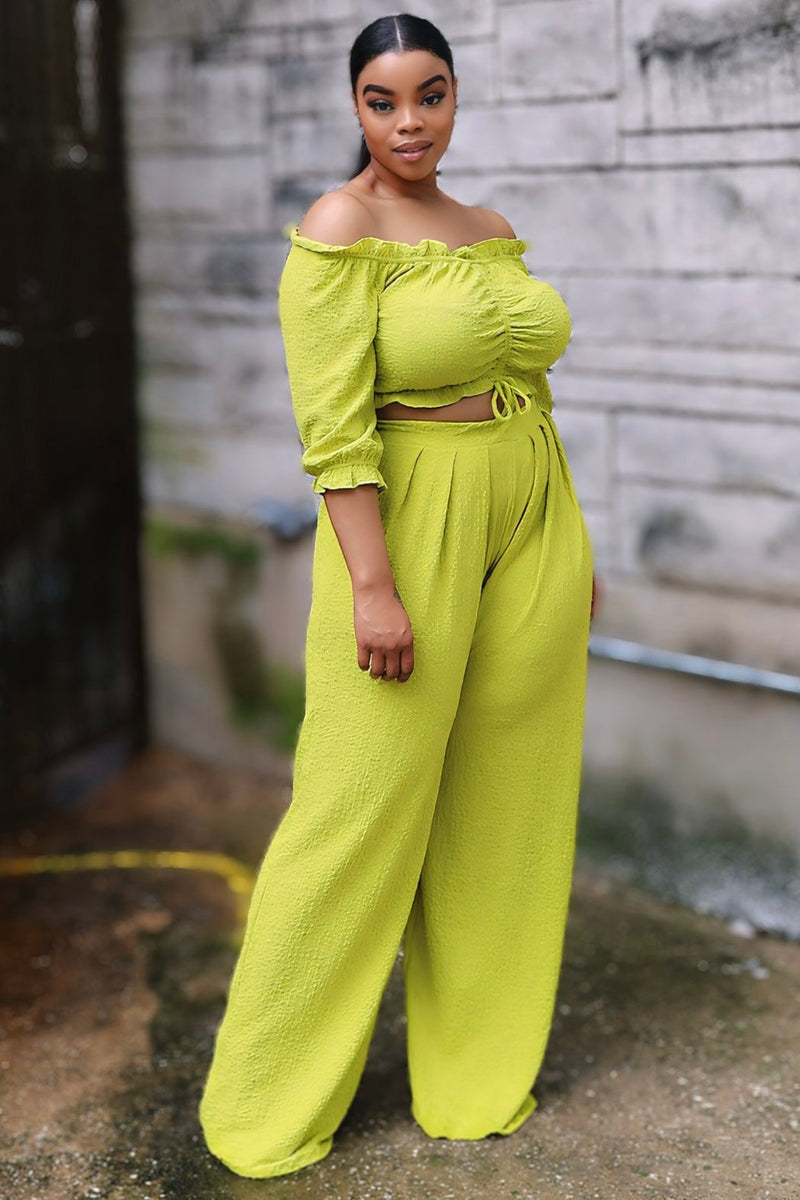 Ashlee Off Shoulder Crop Top and Palazzo Pants Set - Chartreuse