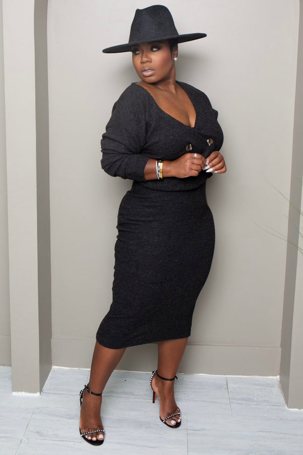 Jayda Luxe Knit Button-Up Set-Charcoal