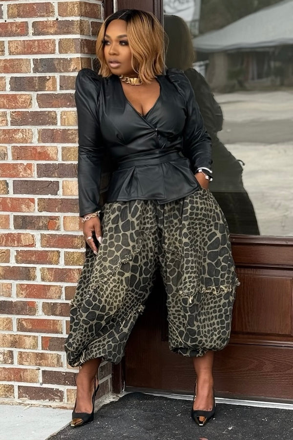 Taraji Safari Luxe Ruched Statement Pants for Women – Bold Print Fashion Pants with Elastic Waist & Volume Detail