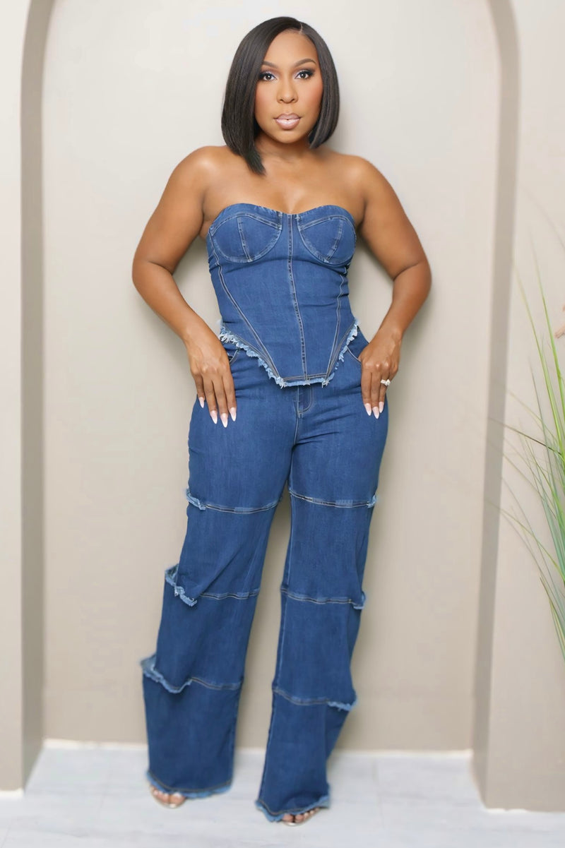 Xaviera Denim Corset Top & Wide-Leg Jean Set