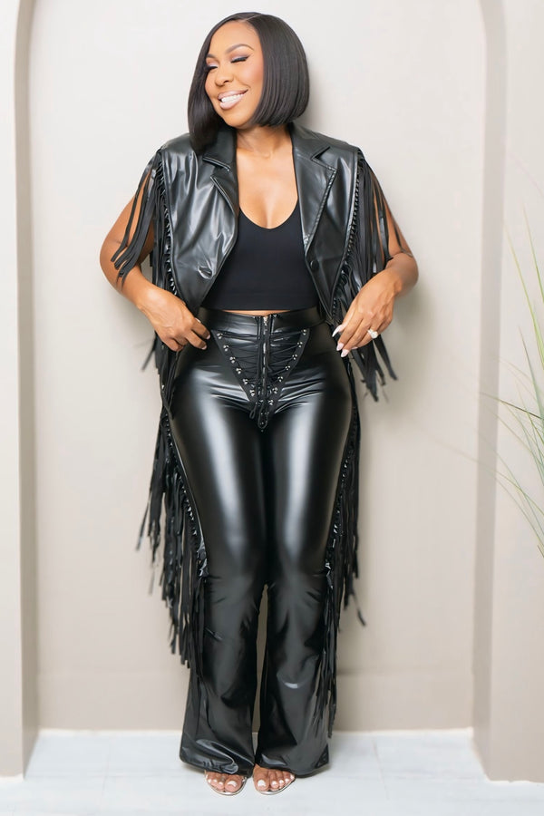 Carla Cropped Fringed Sleeveless Blazer Vest-Black