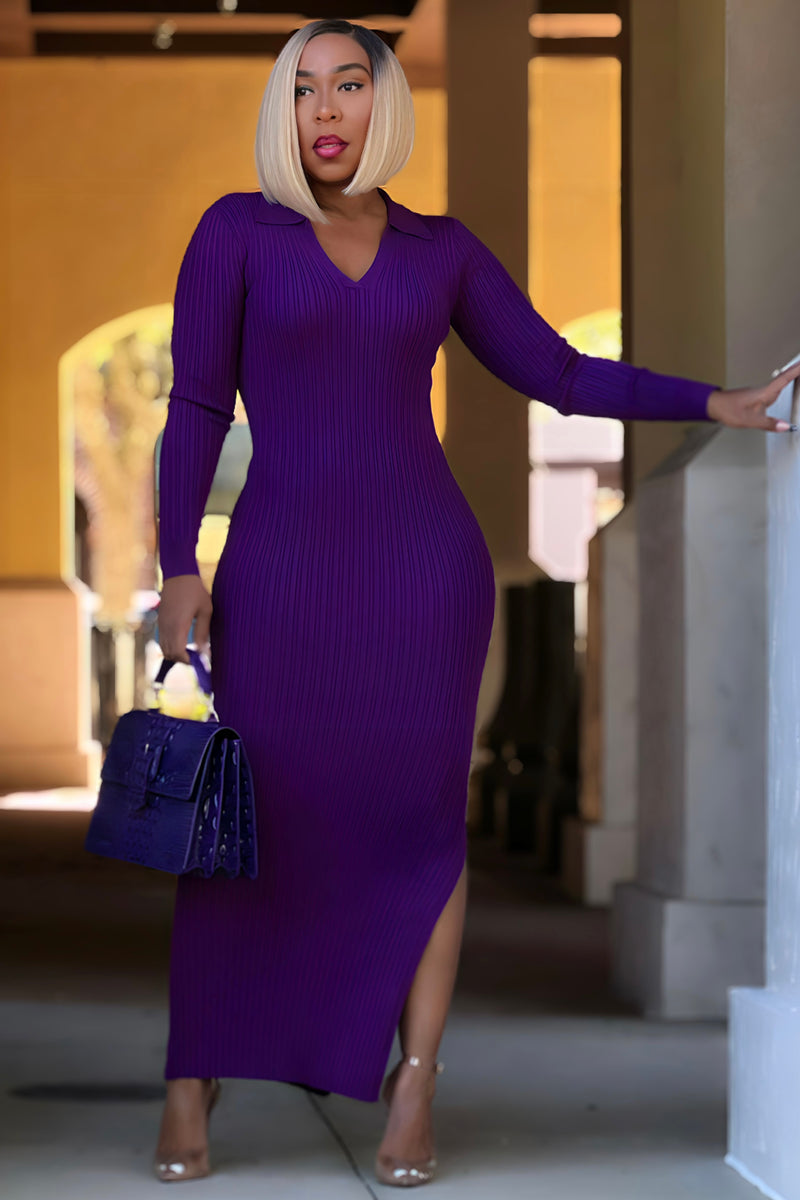Linda Ribbed Sweater Knit Bodycon Maxi Dress-Purple SHIPS 2/5