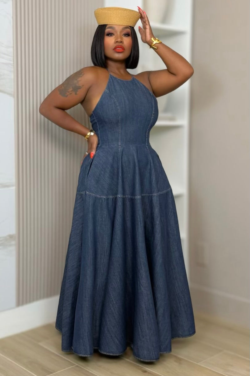 denim maxi dress for women Women's Casual Long Sleeve Lapel Button Down Jean Shirt Dresses,Blue,Small at Amazon Women's Clothing store refundable and non Deandra Denim Stretch Maxi Dress