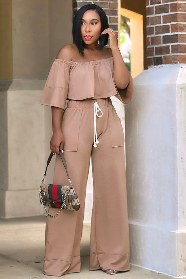 Londyn Off Shoulder Crop Top and Palazzo Pants Set-Khaki