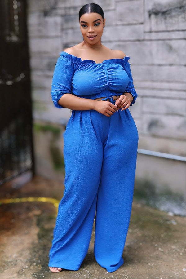 Ashlee Off Shoulder Crop Top and Palazzo Pants Set - Blue