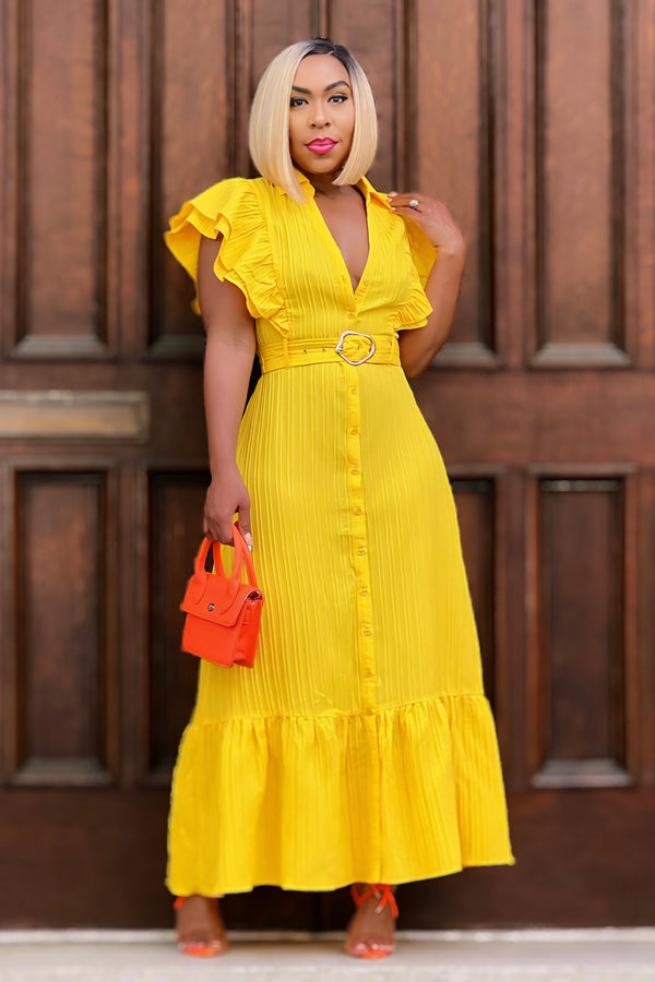 Cher Ruffled Sleeve Belted Maxi Dress- Yellow