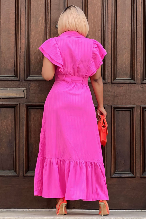 Cher Ruffled Sleeve Belted Maxi Dress- Pink