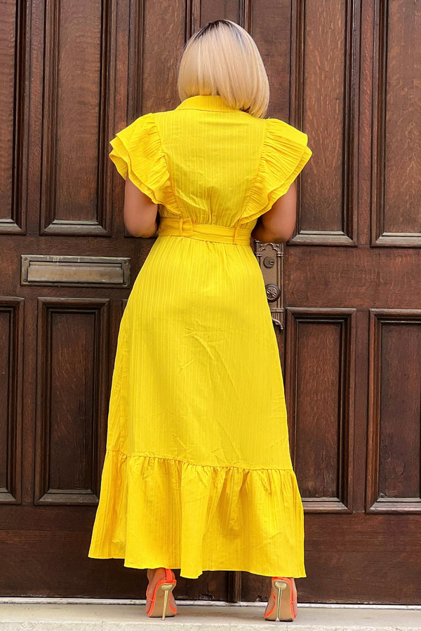 Cher Ruffled Sleeve Belted Maxi Dress- Yellow