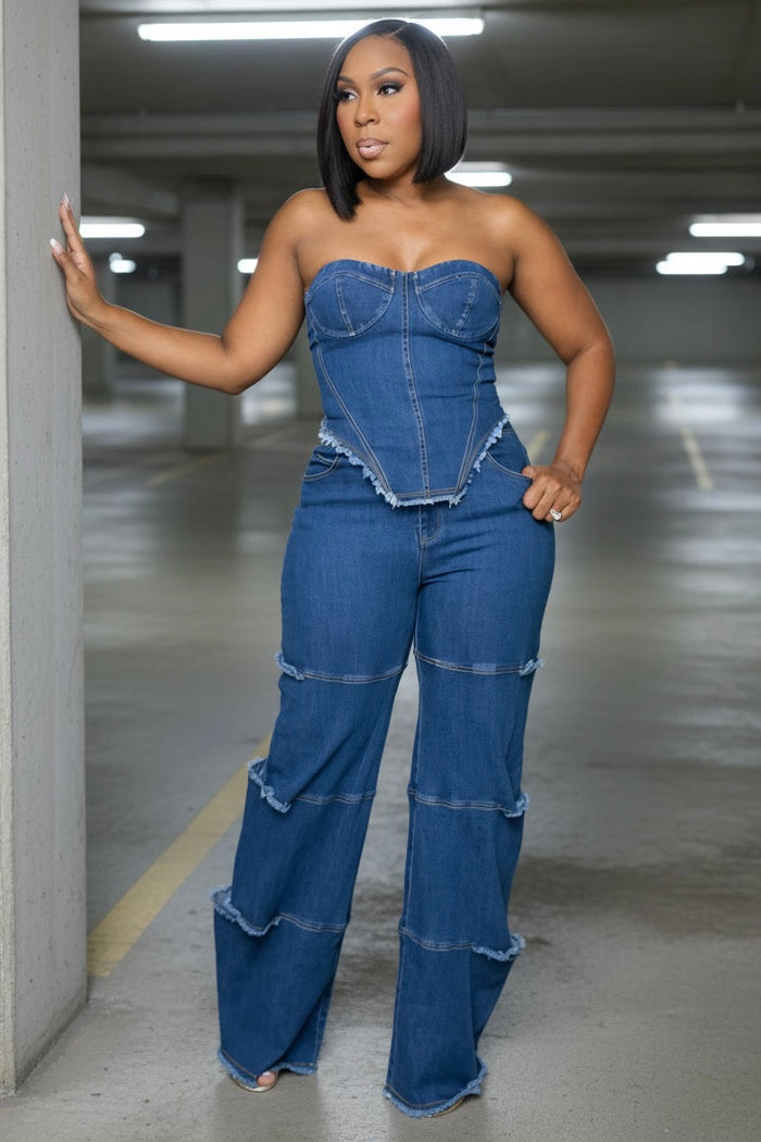 Xaviera Denim Corset Top & Wide-Leg Jeans Set for Women