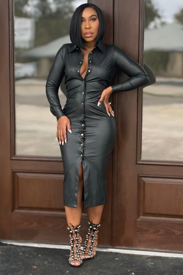 Naomi Faux Leather Button Front Midi Dress