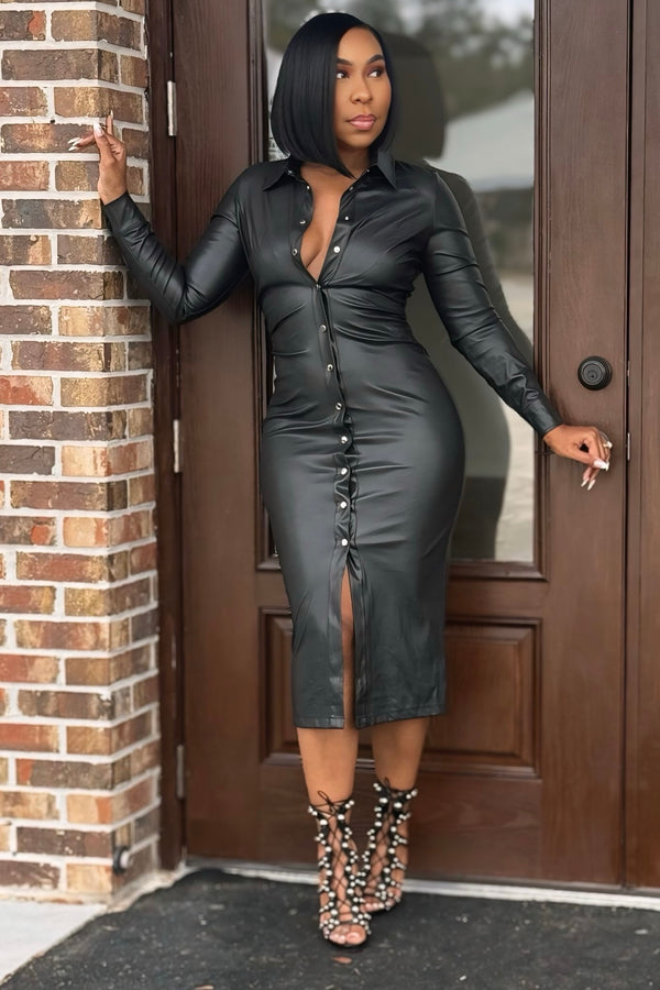 Naomi Faux Leather Button Front Midi Dress