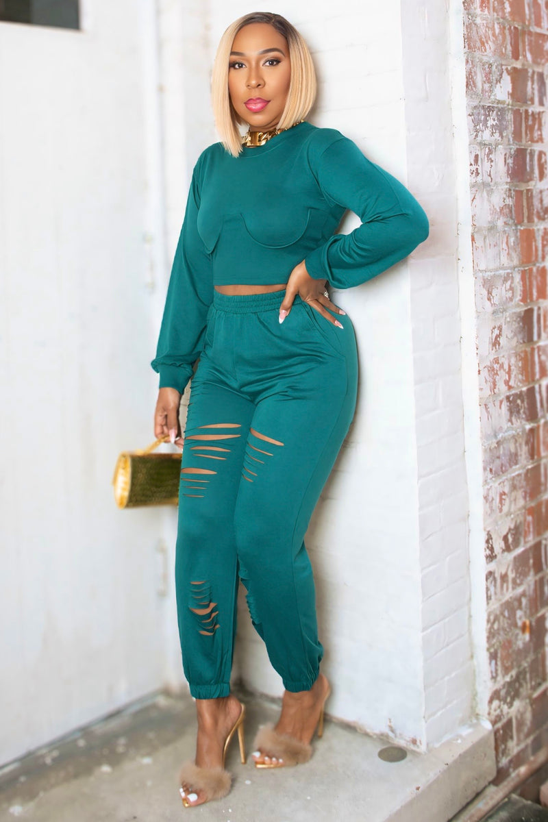 Megan Cute and Comfy Distressed Jogger Set -Hunter Green