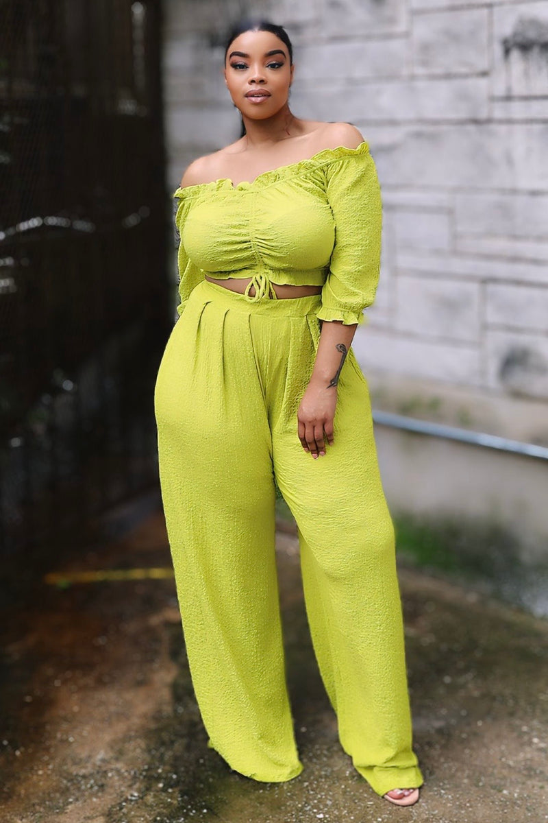 Ashlee Off Shoulder Crop Top and Palazzo Pants Set - Chartreuse