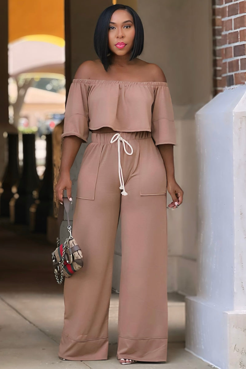 Londyn Off Shoulder Crop Top and Palazzo Pants Set-Khaki