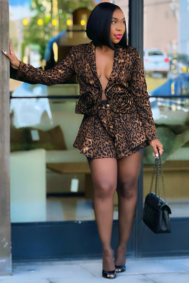 Vanessa Leopard Print Blazer Short Set with Rose Detail