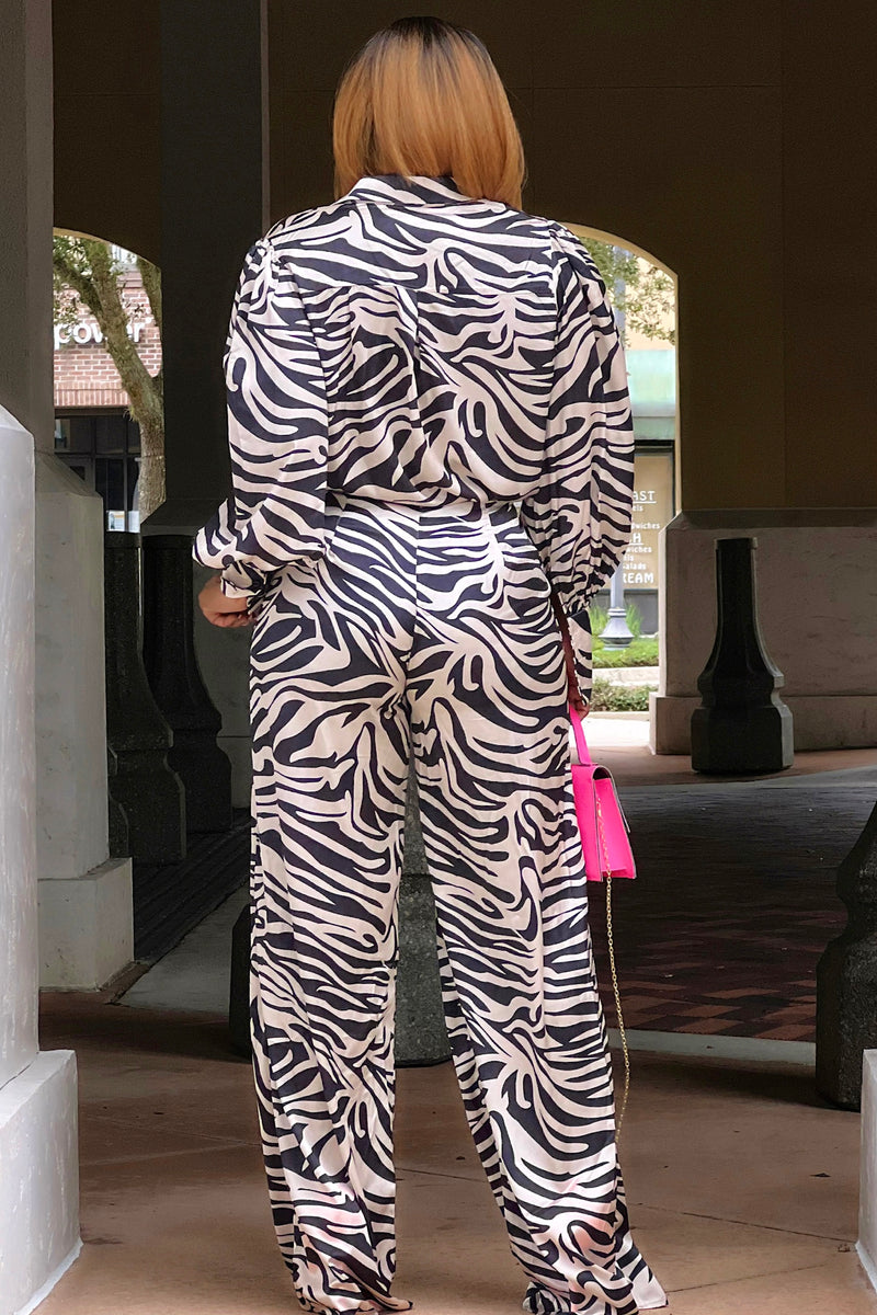 Lenina Zebra Print Dressy Lantern Sleeve Blouse and Wide Leg Pant Set