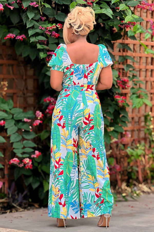 Shayla Multicolored Leaves Print Sassy Belted Jumpsuit