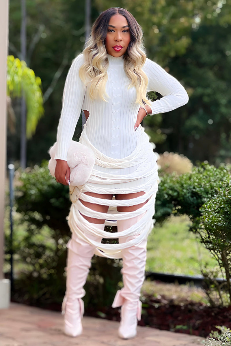 Cardona Cable Knit Midi Sweater Dress-Cream