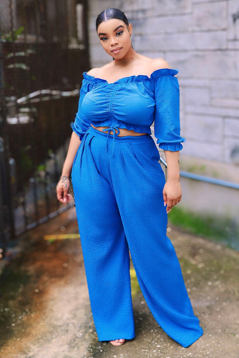 Ashlee Off Shoulder Crop Top and Palazzo Pants Set - Blue