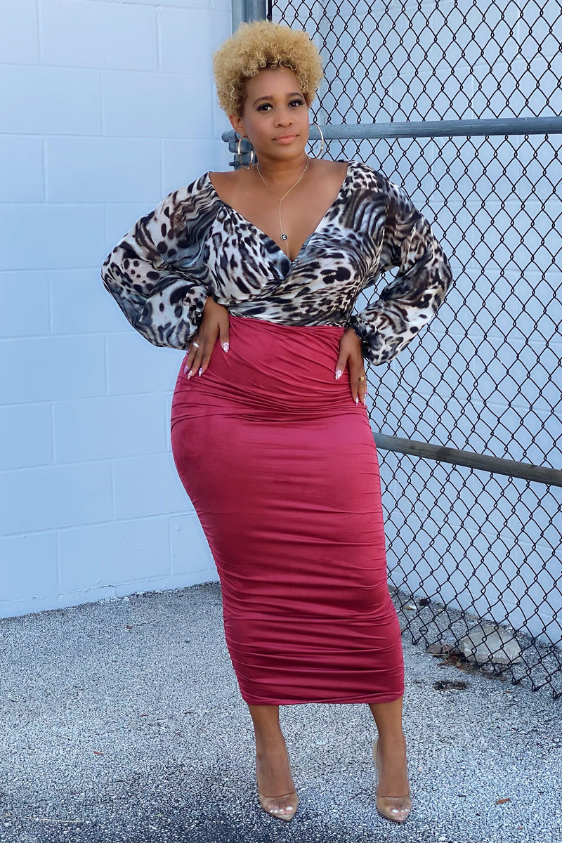 Deon Ruched and Fitted Maxi Skirt - Marsala