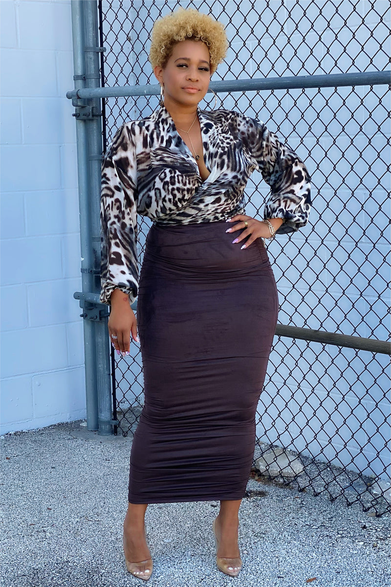 Deon Ruched and Fitted Maxi Skirt - Chocolate