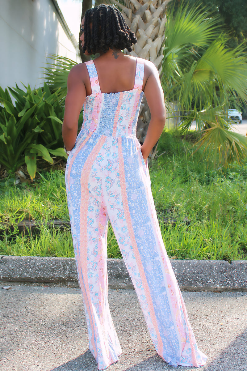 Shantell Comfy And Casual Wide Leg Jumpsuit- Blue Paisley