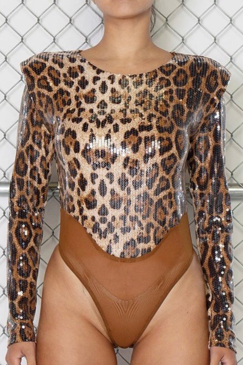 Sheena Puff Shoulder Sequin Leopard Print Bodysuit